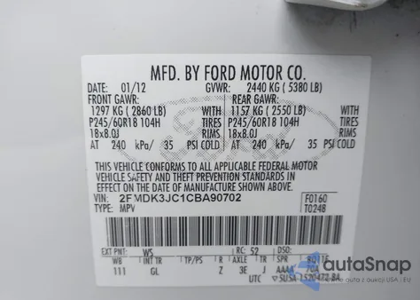 2012 Ford Edge Sel z USA, uszkodzony, nr VIN 2FMDK3JC1CBA90702